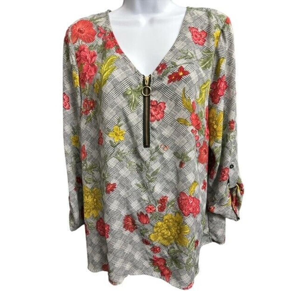 CURE Large Top Unique BOHO Black Red Yellow Plaid Floral Zipper Casual Roll Tab